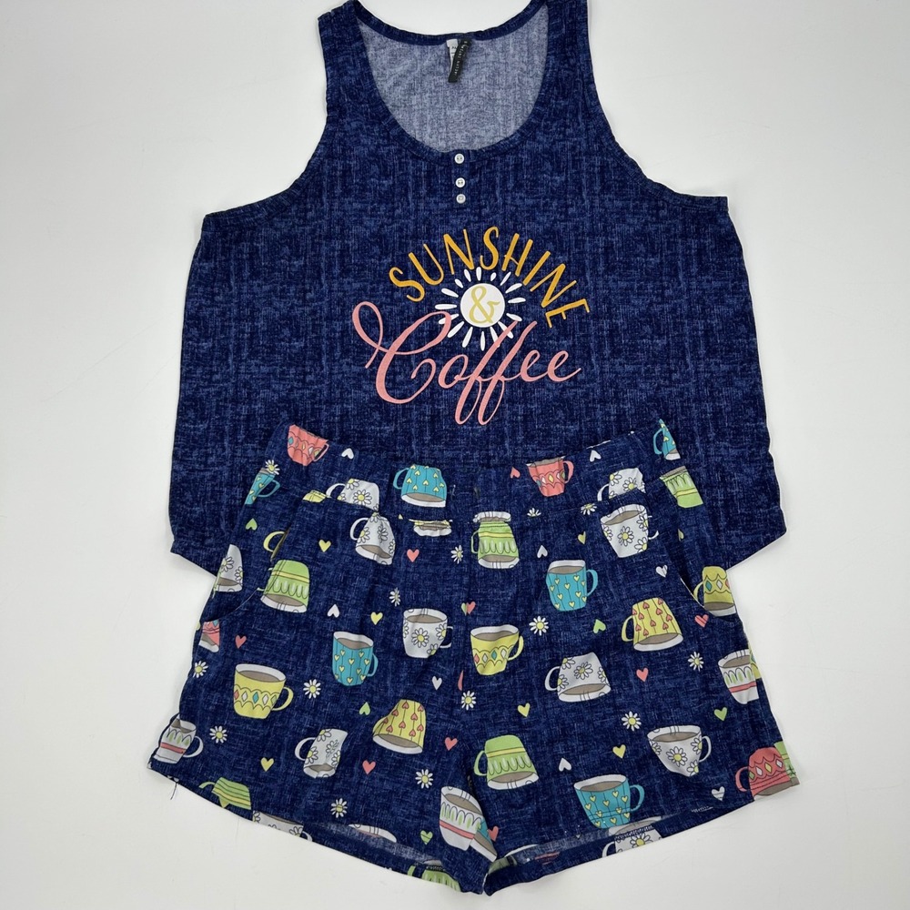 Jaclyn‎ Intimates Pajama Set Womens XL Blue Sunshine Coffee Tank Shorts Pockets